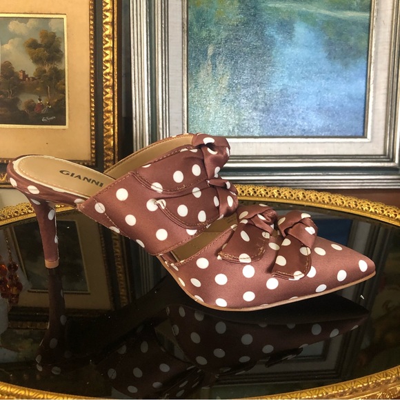 NWOB Vintage Gianni Bini Satin Polka Dot Heeled Mules - Picture 11 of 12